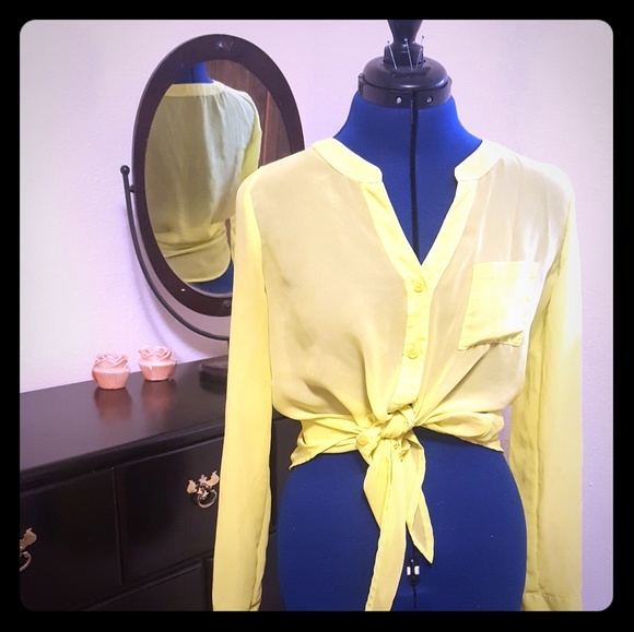 Sheer Neon Yellow L/S Tie Crop Top - Picture 1 of 2